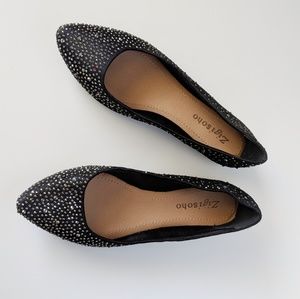 Black Pointy Toed Ballet Flats w/ Gold Rhinstone